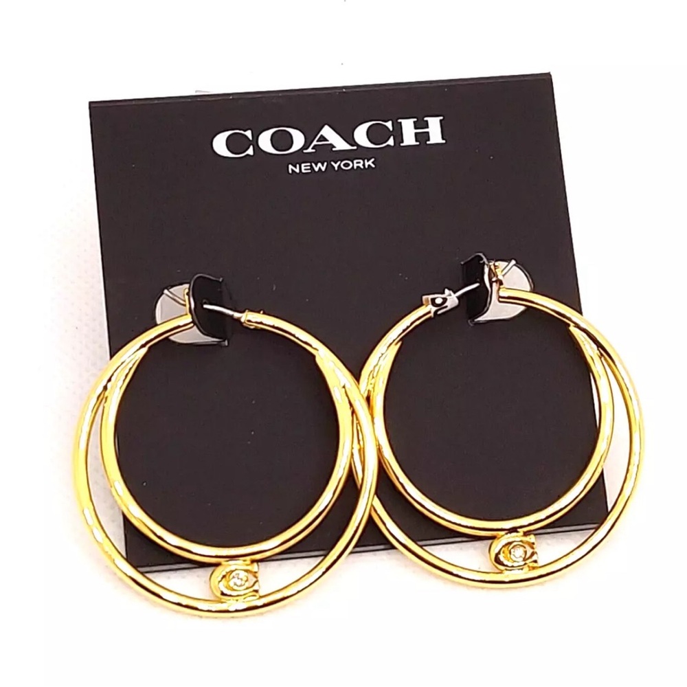 NWT COACH Women's Signature Double Hoop Gold Earrings with Cubic Zirconia Detail - Picture 1 of 13